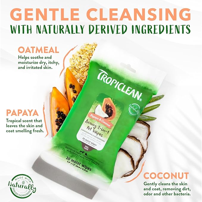 TropiClean Dog Wipes for Paws, Butt, Face, and Body, Anytime Cleaning and Deodorizing Pet Wipes, Safe for Licking, Papaya Scent, Cat Safe, 20ct