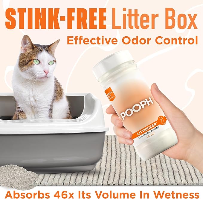POOPH® LITTERIZER™ – The Litter Box Civilizer Helps Cut Litter Cost in Half Eliminates Organic Odor On-Contact Absorbs And Helps Keep Litter Dry NO Fragrance NO Harsh Chemicals Safe Effective
