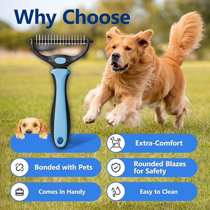 Pet Grooming Comb - Double-Sided Deshedding Tool, Undercoat Rake for Dogs, Dematting Comb for Cats, Extra Wide Brush for Long Haired Dogs & Cats (BLUE)