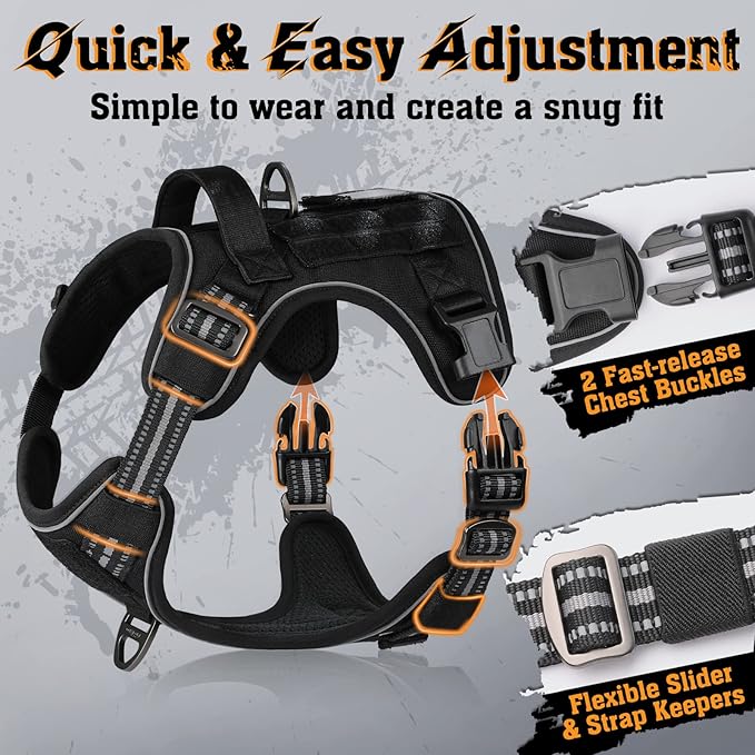 rabbitgoo Dog Harness for Large Dogs No Pull, Tactical Service Dog Vest with Molle and Control Handle, Adjustable and Reflective Military Pet Harness for Easy Walking and Training, Black, L