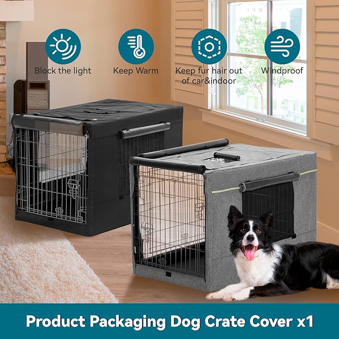 PETSFIT Dog Kennel Cover,36 Inch Crate Cover for Wire Dog Crate, Double Doors, Mesh Window, Flap On The Top and Back is Detachable, Dog Crate Cover Grey
