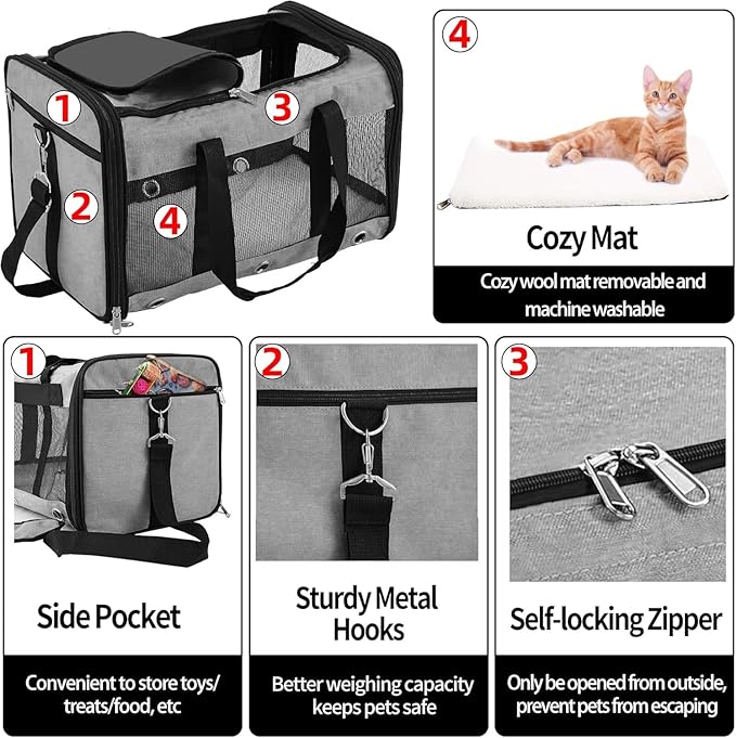 Soft Sided Cat/Dog Carrier,Collapsible Pets Travel Carriers for Pet/Puppy with Shoulder Strap & Removable Mat,Mesh Top Load Small Dogs/Cats Carry Bag Up to 17 Lbs TSA Airline Approved(Grey,M)