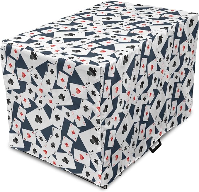 Lunarable Casino Dog Crate Cover, Realistic Style Random Scattered Playing Cards Leisure Time Hobby Games, Easy to Use Pet Kennel Cover for Cats & Medium Dogs, 24 Inch, Cadet Blue Black Red