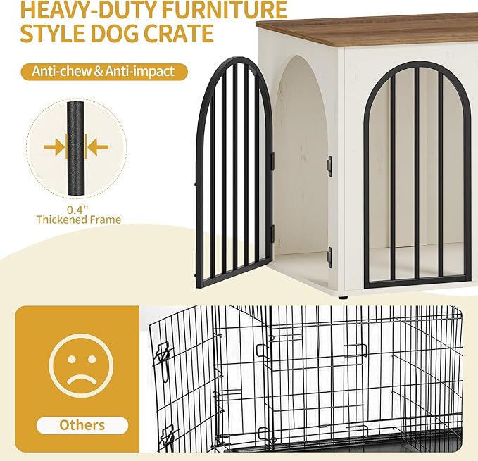 31.5'' Wooden Dog Crate Furniture TV Stand, Indoor Dog Kennel for Small/Medium Dogs, End Side Table Dog Crates, Anti-Chew, Anti-Escape, Arched Door Design, White Brown DFC85114B