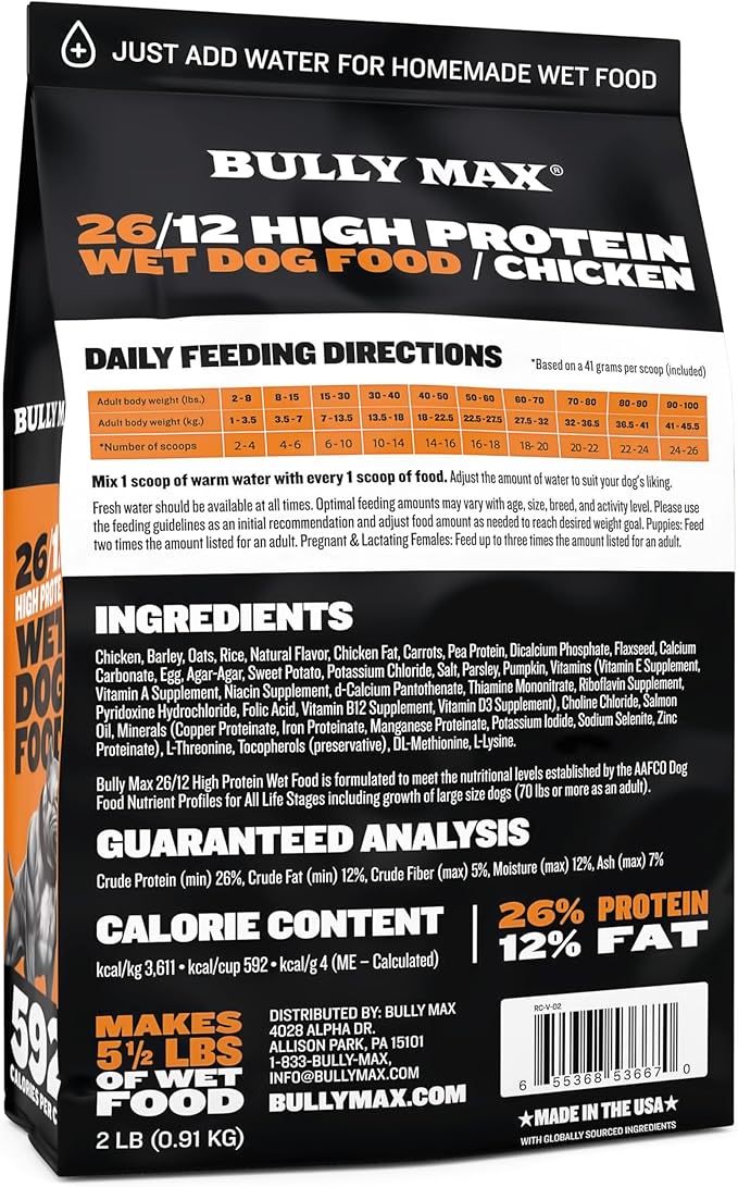 Bully Max Wet Dog Food - Instant Fresh Dehydrated High Protein Soft Puppy & Adult Dog Food with Chicken - Healthy Muscle Growth for Small & Large Breeds - 2 Dry Pounds (Makes 5.5 lbs. of Wet Food)
