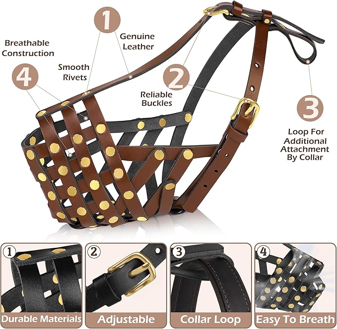 OOPSDOGGY Rottweiler Dog Muzzle for Large Dogs - Leather Breathable Secure Basket Muzzle for Large Breeds Prevents Biting No Chewing Adjustable (Brown, Size 5 - Rottweiler)