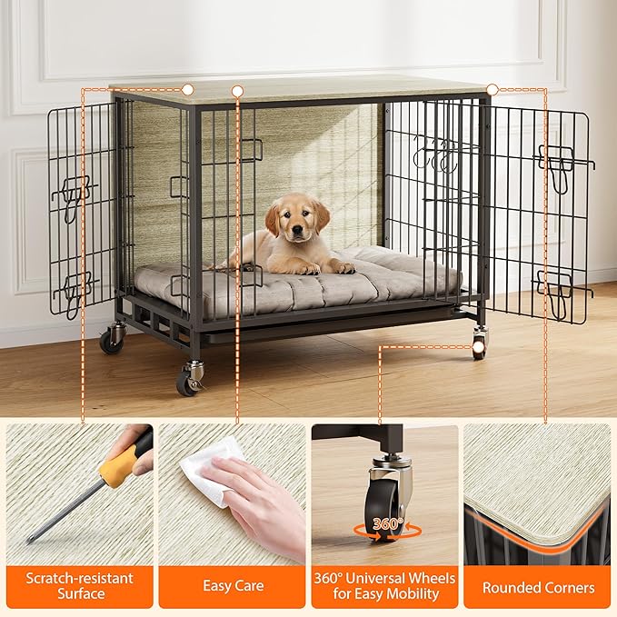Large Dog Crate Furniture, 38.6" L x 25.6" W x 26.8" H, Indoor Pet Crate with Double Doors, Removable Tray and 360° Wheels, Wooden Countertop Dog Kennel, Gray&Black