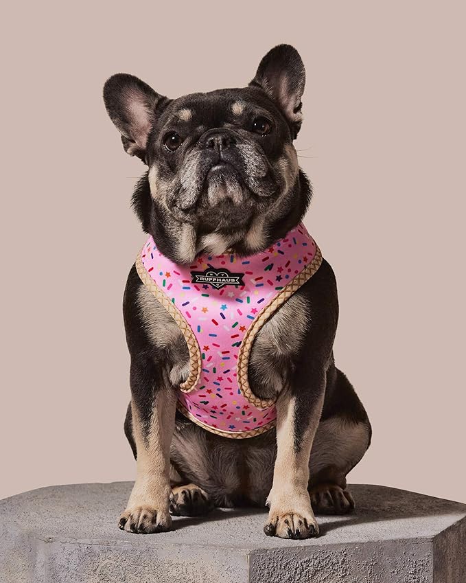 Ruffhaus NYC Pink Sprinkles Reversible Dog Harness, Ice Cream Waffle Cone, Banana Split Printed No Pull Harness Puppy Gift Girl Dog Birthday & Gotcha Day Medium