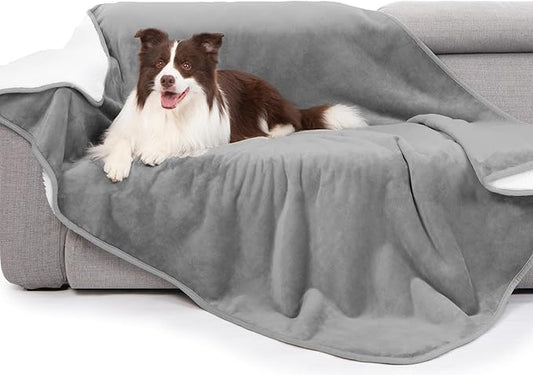 gogobunny Waterproof Bed Blanket, Reversible Sherpa Fleece Throw Blanket for Dog Puppy Cat, Furniture Cover Protects Bed Couch Sofa from Liquid Pee and Pet Fur (Grey, 50x60 inches)