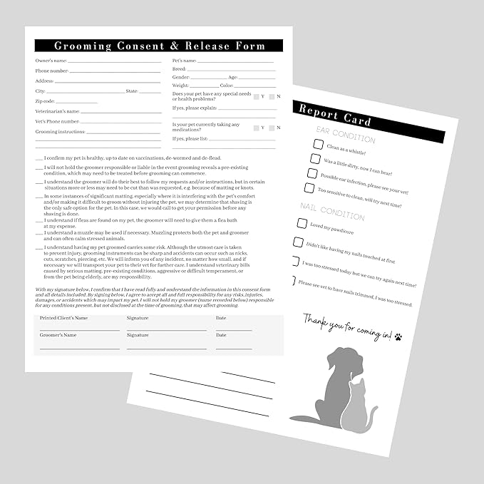 Pet Grooming Intake Forms, Consent & Release, Matted Coat Clip-Off Agreement, Pet Report Card | 50 pk, 25 of each, dbl sided | 8.5x11” Groomer Signature Client Grooming Tips Black and White Minimalist