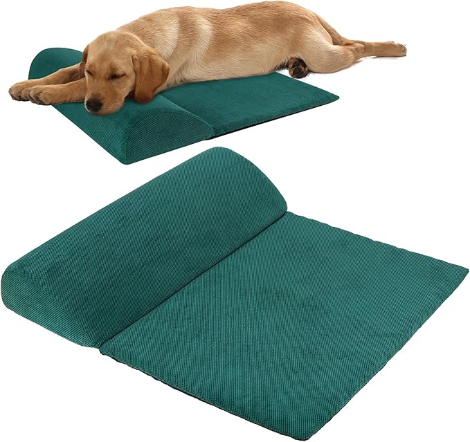 Dog Cat Bolster Pillow with High Resilience Foam, Headrest for Large Dogs, Benefit for Cervical Vertebra and Neck, Easy to Carry, Machine Washable Cover&Easy to Clean(Green)