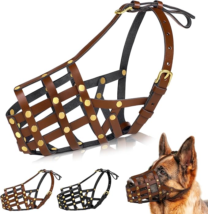 OOPSDOGGY German Shepherd Dog Muzzle for Large Dogs - Leather Breathable Secure Basket Muzzle for Large Breeds Prevents Biting No Chewing Adjustable (Brown, Size 7 - German Shepherd)