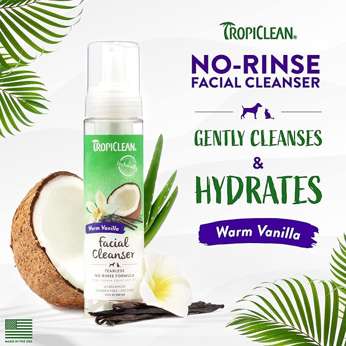 TropiClean Warm Vanilla Waterless Facial Cleanser for Dogs | Dog Foam Face Wash | Dog Face Wash Derived from Natural Ingredients | Cat Friendly | Made in the USA | 7.4 oz.