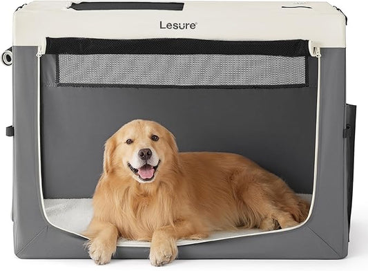 Lesure Collapsible Travel Dog Crate for Small Dogs, Portable Soft Dog Crate for Outdoor & Indoor, Folding Fabric Dog Kennel with Handle, 42 Inch Heavy Duty Pet Carrier (Grey)