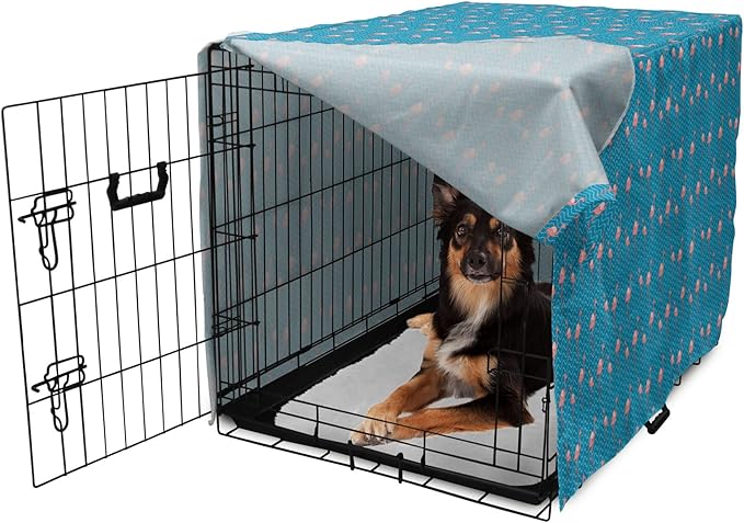 Lunarable Flamingo Dog Crate Cover, Tropical Romance Birds on Wavy Horizontal Stripes Hawaiian Love Doodle, Easy to Use Pet Kennel Cover for Medium Large Dogs, 36 Inch, Azure Blue and Coral
