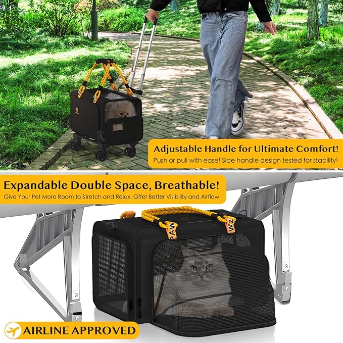 PAWZIDEA Cat Carrier with Wheels 18X11X11 TSA Airline Approved Cat Carrier for 2 Cats Under Seat Rolling Cat Carrier Travel Bag with Telescopic Handle, Shoulder Strap as Dog Leash, Black