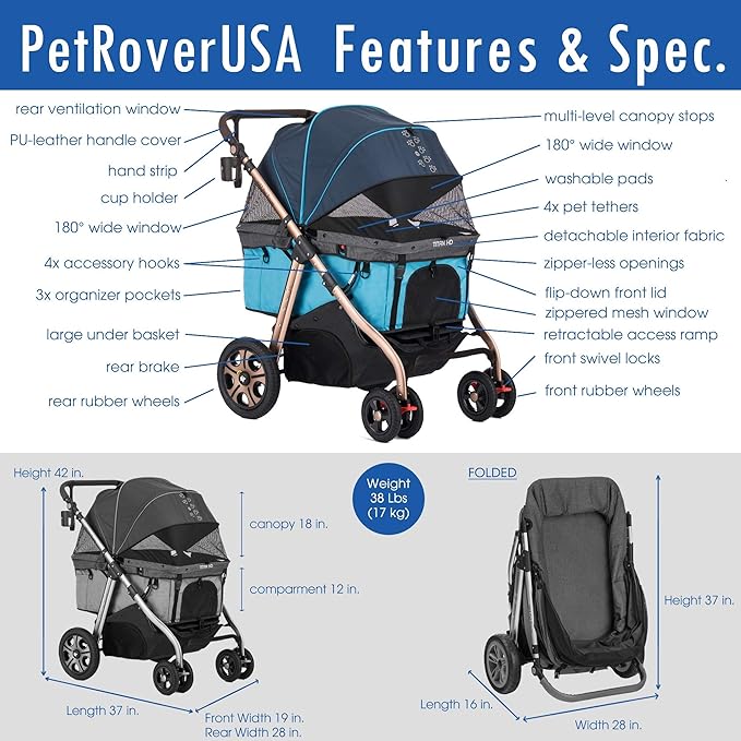 HPZ Pet Rover Titan-HD Premium Super-Sized Dog/Cat/Pet Stroller SUV Travel Carriage/w Access Ramp/100Lbs Capacity/Pumpless Rubber Wheels/Aluminum Frame for Small, Med, Large, XL Pets (Blue)