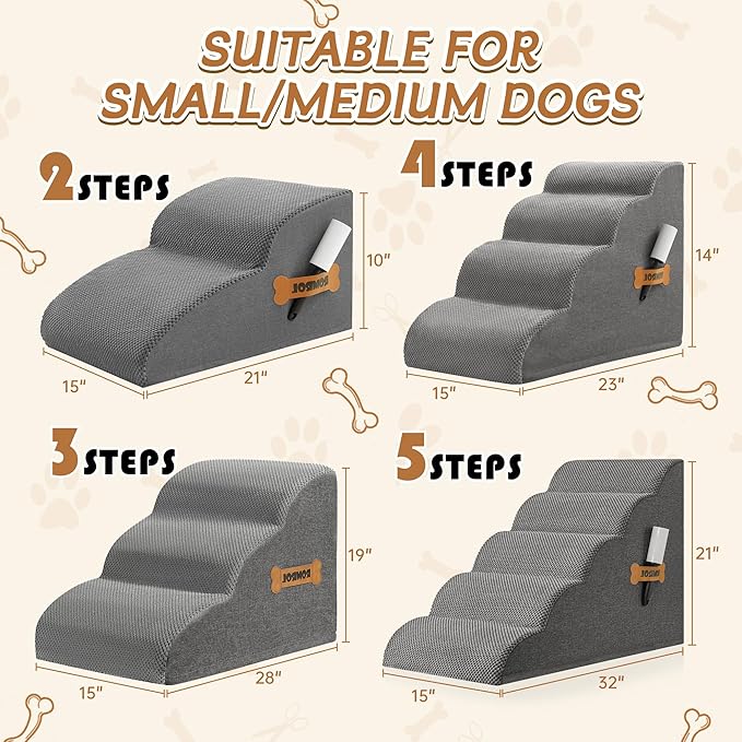 Romrol Dog Stairs Ramp for Small Dogs, Pet Stairs Steps with Durable Non-Slip Waterproof Fabric Cover, Dog Slope Stairs to Bed for Small Dogs and Cats or Pets Joints, 5-Steps, Grey