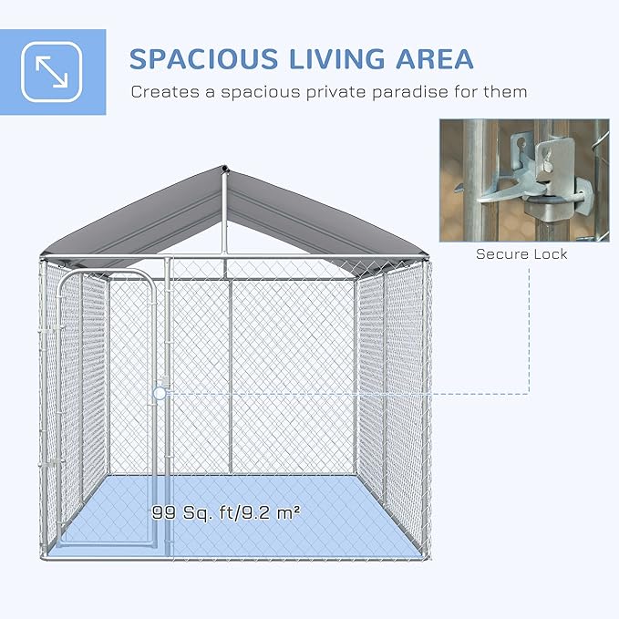 PawHut Large Dog Kennel Outside, Heavy Duty Dog Cage with Waterproof Cover, Outdoor Fence Dog Run with Galvanized Chain Link, Secure Lock, 13' x 7.5' x 7.5'