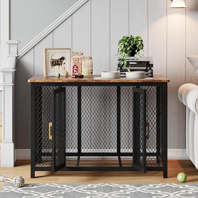 48 Inch Large Dog Crate Furniture with Top Access Door, Heavy Duty Dog Crate Wooden Indoor Decorate Pet Cage, Indestructible Pet Dog Cage for Medium to Large Dogs