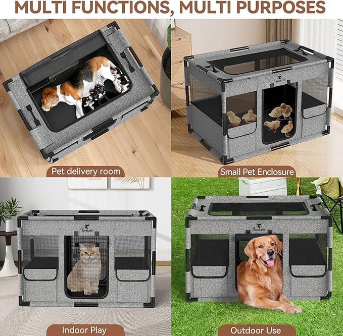 Cat Dog Playpen, 91x61x61cm Portable Puppy Playpen Dog Play Pen Indoors with Cover and Gate, Tear Resistant Thickened Fabric Waterproof Bottom Breathable Mesh Dog Fence, Gray & Black