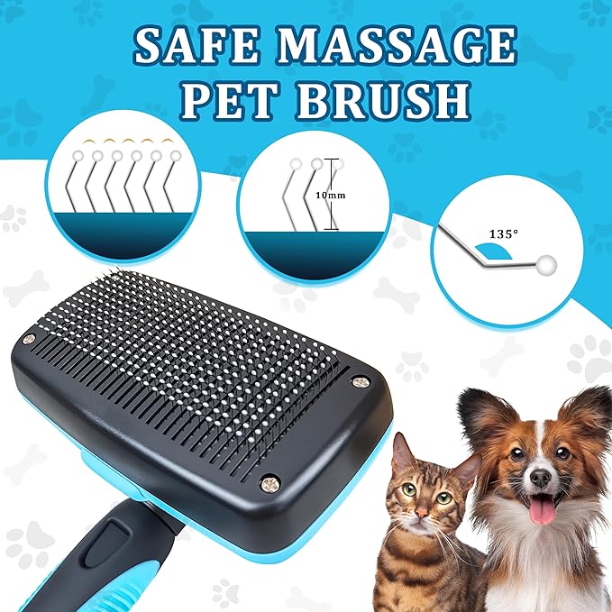 Qianruida Self Cleaning Slicker Brush for Grooming Long-haired or Short-haired Cats and Dogs Pet Brush for Shedding for Removing Undercoat and Tangled Hairs, Light Blue