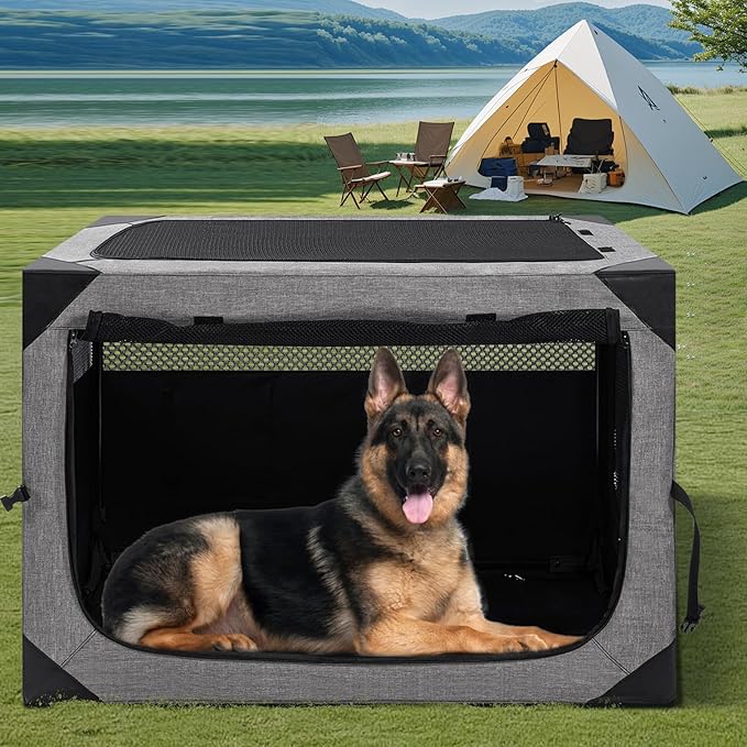 36 Inch Portable Travel Dog Crate, 3 Door Collapsible Soft Pet Kennel with Durable Mesh Windows for Medium Dogs, Foldable Dog Cage with Storage Pocket for Outdoor (Light Grey)