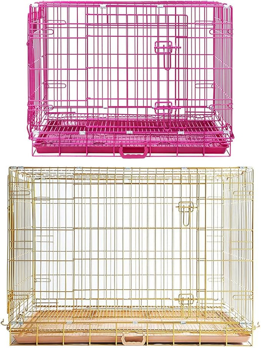 Homey Pet Large Dog Cage, Collapsible Dog Crates for Medium Dogs, Nano-Coating Metal Wire XL Big Dog Kennel Indoor with Removable Floor Grid and Tray, Double Doors, GOLD42+PINK30 Bundle