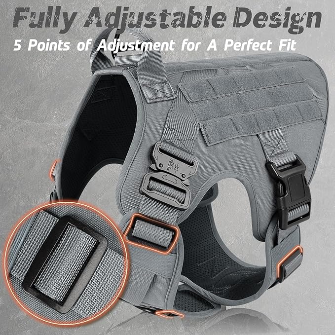 rabbitgoo Tactical Dog Harness for Large Dogs, Heavy Duty Dog Harness with Handle, No-Pull Service Dog Vest Large Breed, Adjustable Military Dog Vest Harness for Training Hunting Walking, Grey, L