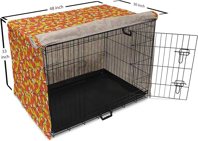 Lunarable Candy Corn Dog Crate Cover, Continuous Illustration of Cartoon Style Traditional Halloween Items, Easy to Use Pet Kennel Cover for Medium Large Dogs, 48 Inch, Vermilion Mustard