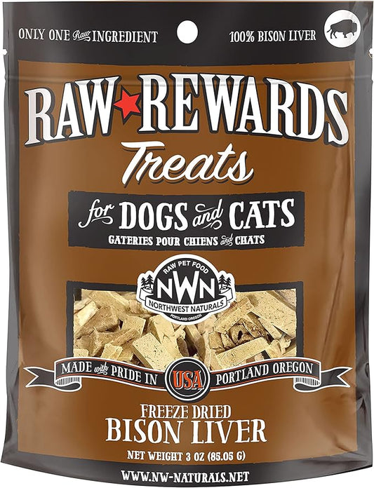 Northwest Naturals Raw Rewards Freeze-Dried Bison Liver Treats for Dogs and Cats - Bite-Sized Pieces - Healthy, 1 Ingredient, Human Grade Pet Food, All Natural - 3 Oz