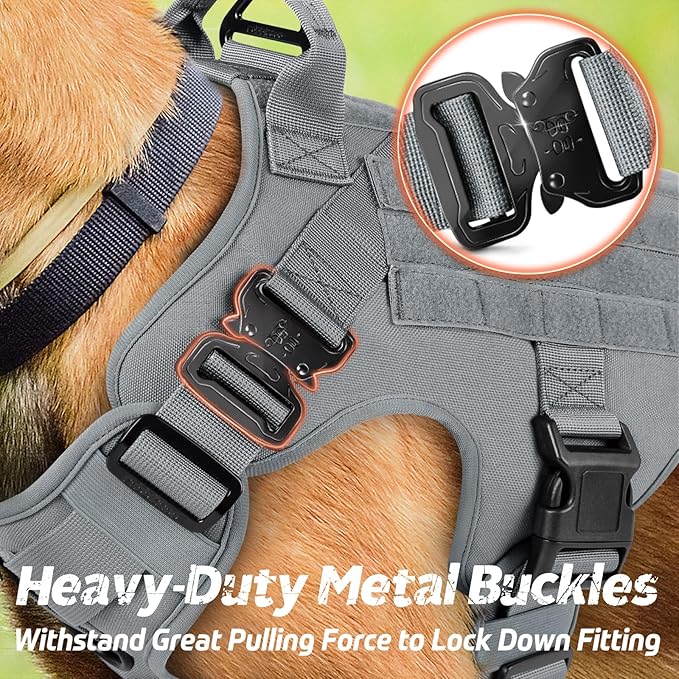 rabbitgoo Tactical Dog Harness for Large Dogs, Heavy Duty Dog Harness with Handle, No-Pull Service Dog Vest Large Breed, Adjustable Military Dog Vest Harness for Training Hunting Walking, Grey, L