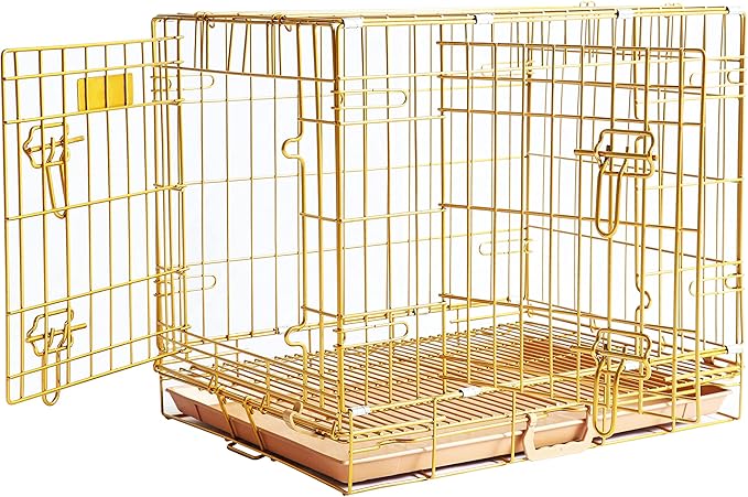 Homey Pet Dog Cage for Small Dogs, Gold Medium Dog Crate, Collapsible Dog Kennel Indoor, Nano-Coated Metal Wire Dog Crate with Removable Floor Grid Tray, Double Doors Dual Locks, GOLD24+GOLD30 Bundle