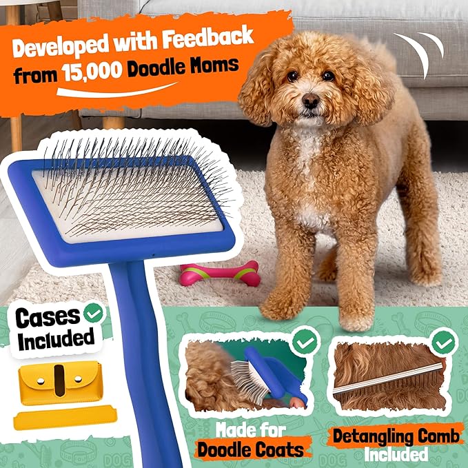 Slicker Brush for Dogs - Doodle Brush - Goldendoodles Labradoodles Bernedoodles - Goldendoodle Must Haves - Poodle Comb and Cases Included - Medium - Blue