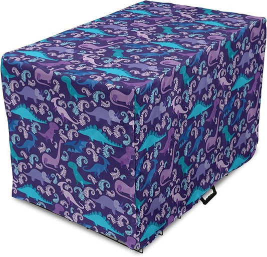 Lunarable Jurassic Dog Crate Cover, Abstract Cartoon Dinosaur Pattern Ferns Caricature Style Creatures Prehistoric, Easy to Use Pet Kennel Cover for Medium Large Dogs, 42 Inch, Blue Purple