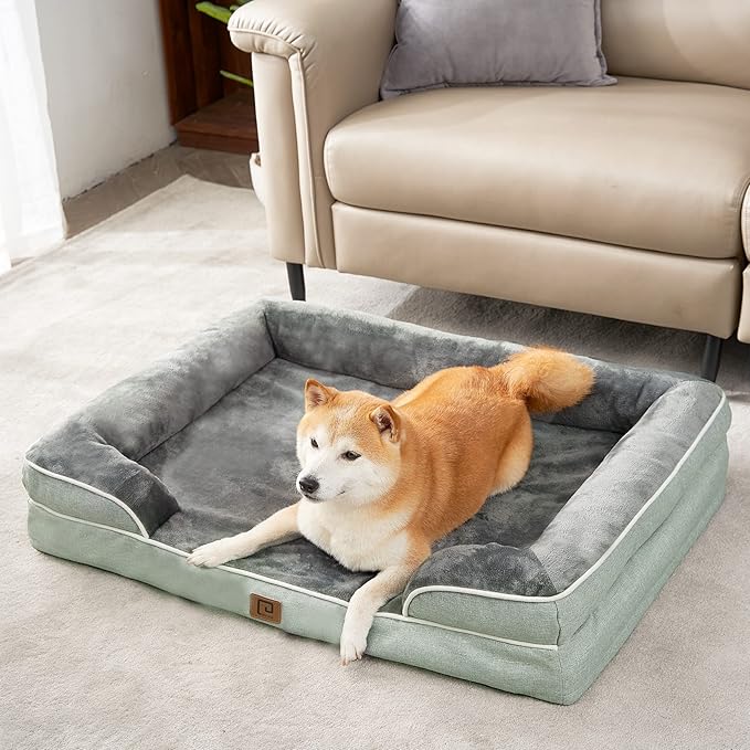 EHEYCIGA Orthopedic Dog Bed for Medium Dogs, Waterproof Memory Foam Medium Dog Beds with Sides, Non-Slip Bottom and Egg-Crate Foam Medium Dog Couch Bed with Washable Removable Cover, Greyish Green