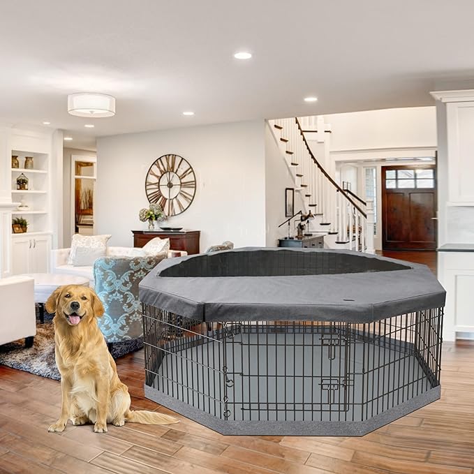 PETIME Foldable Metal Dog Exercise Pen/Pet Puppy Playpen Kennels Yard Fence Indoor/Outdoor 8 Panel 24" W with Top Cover and Bottom Pad (Playpen+Bottom+Top Cover, 8 Panels 36" H)
