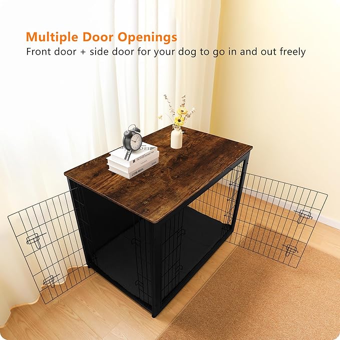 DWANTON Dog Crate Furniture with Cushion, Wooden Kennel Table with Double Doors, Indoor Dog House, Extra Large Size, 43.3" L, Black+Rustic Brown