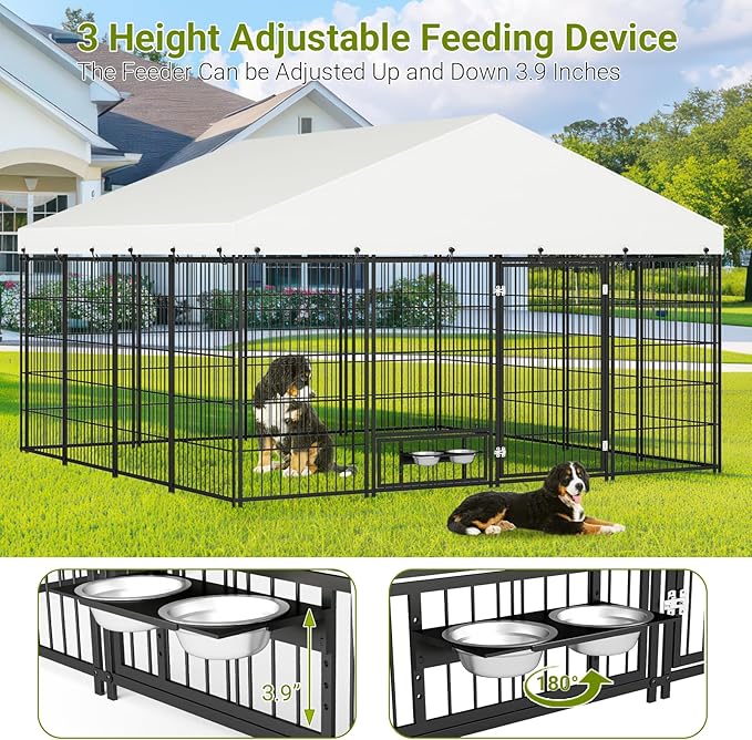 Rovibek 10x10 FT Dog Kennel Outside, Dog Kennels Outdoor with 2 Height Adjustable Rotating Feeder Bowls, Dog Enclosure Outdoor, Outside Dog Kennel with Roof, Outside Kennel for Large Dogs