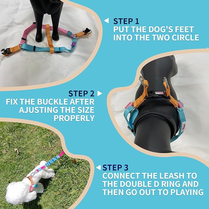 Tri-Color Dog Harness and Purple Pink Gradient Shock Absorbing Dog Leash Set,Step-in Freedom Dog Vest Harness,Strong Padded Handle to Help Stop Pulling for Large Dog Walking and Traning
