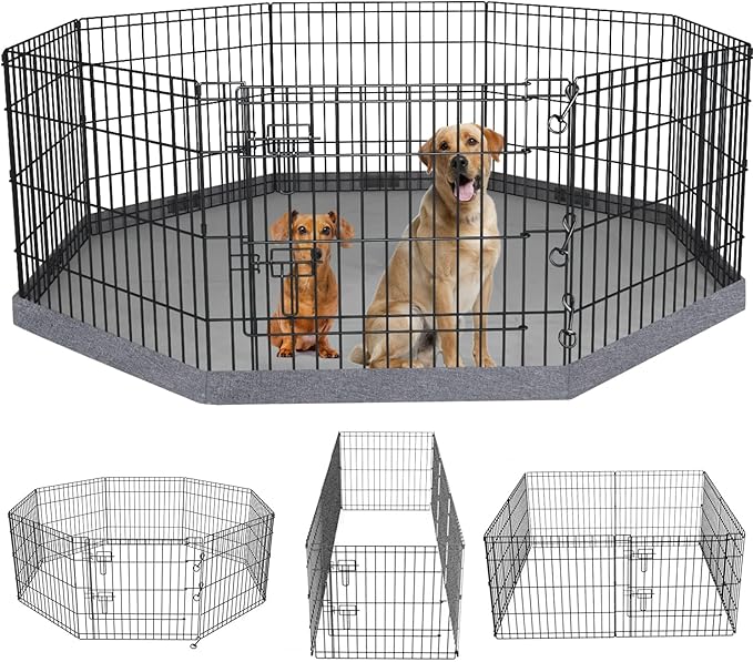 PETIME Foldable Metal Dog Exercise Pen/Pet Puppy Playpen Kennels Yard Fence Indoor/Outdoor 8 Panel 24" W x 24" H with Bottom Pad (with Bottom pad, 8 Panels 24" H)