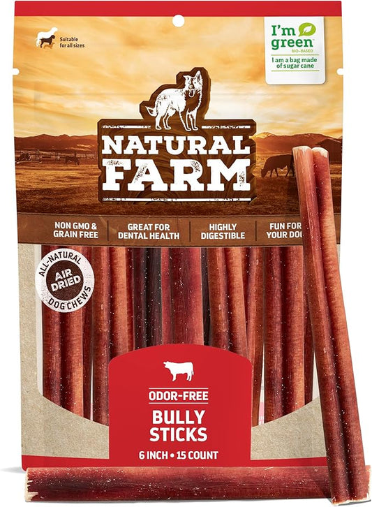 Natural Farm Odor-Free Bully Sticks (6 Inch, 15 Count), Single Ingredient: 100% Beef Chews, Grass-Fed, Non-GMO, Grain-Free, Fully Digestible Treats for Puppies, Small or Senior Dog