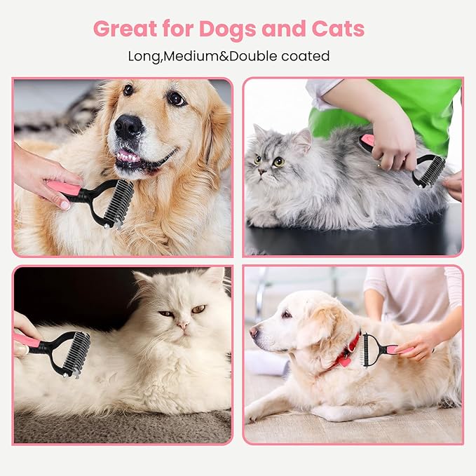 Pet Grooming Tool- 2 Sided Undercoat Rake for Dogs &Cats-Safe and Effective Dematting Comb for Mats&Tangles Removing (Pink)