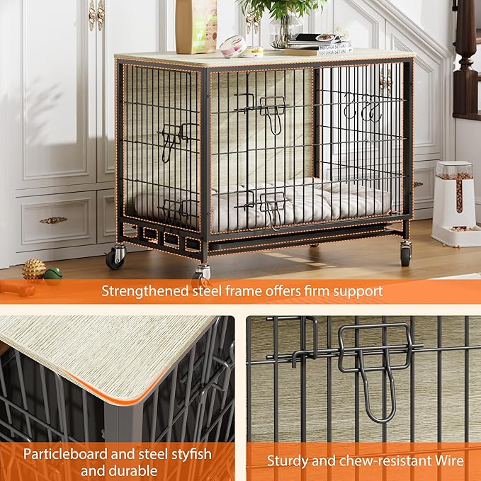 Large Dog Crate Furniture, 38.6" L x 25.6" W x 26.8" H, Indoor Pet Crate with Double Doors, Removable Tray and 360° Wheels, Wooden Countertop Dog Kennel, Gray+Black