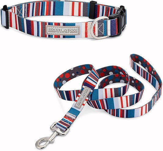 Lucky Love Dog, Nautical Matching Dog Collar and Leash Set, Polka Dot Striped Dog Collar and Leash for Male Female Dogs - (Medium, Linus Combo)