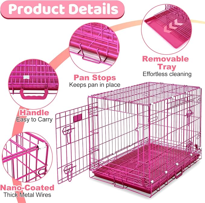 HOMEY PET 30 Inch Pink Dog Crate, Cute Cage Medium Sized Dog Collapsible Small Dog Kennel Indoor Nano-Coated Metal Wire Dog Crate with Removable Floor Grid Tray, Double Doors Dual Locks, Handle