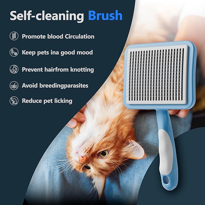 Cat Brush with One-Click Button, Cat Brushes for Indoor Cats Shedding,Self Cleaning Slicker Cat Brush for Shedding Massaging Grooming, Suitable for Long Short Haired Pets, Comfortable/Easy to Clean