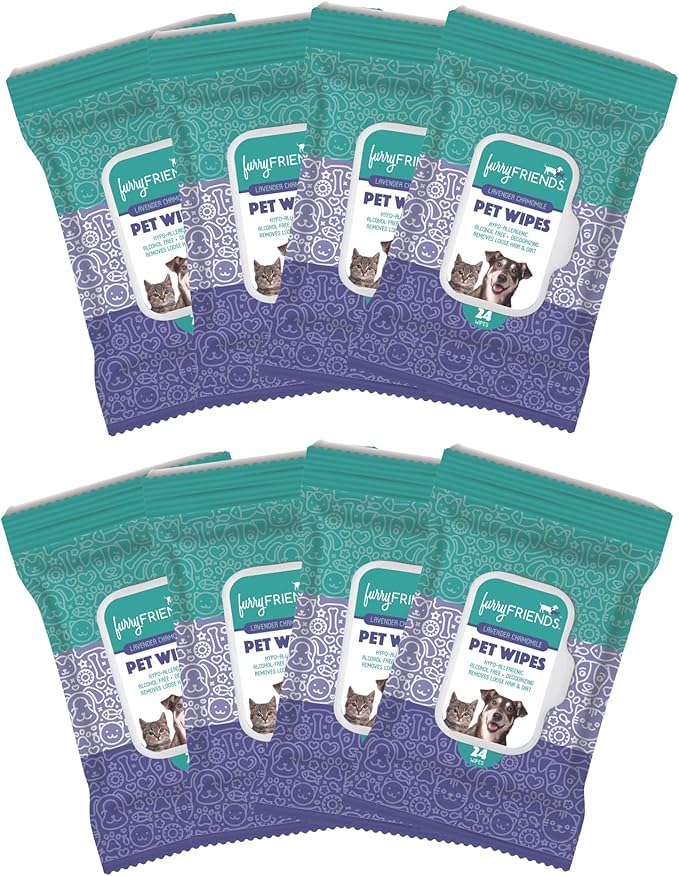 FurryFriends Pet Wipes | Lavender Chamomile Scented | Hypo-allergenic | Alcohol Free| Deodorizing | Removes Loose Hair & Dirt | Incredibly Clean | 8 Pack