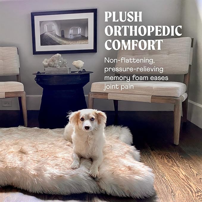PupRug Orthopedic Dog Bed for Large Dogs with Fluffy Soft Faux Fur and Memory Foam for Joint Pain Relief, Machine Washable and Waterproof Couch Bed, White with Brown Accents, Large/Extra Large