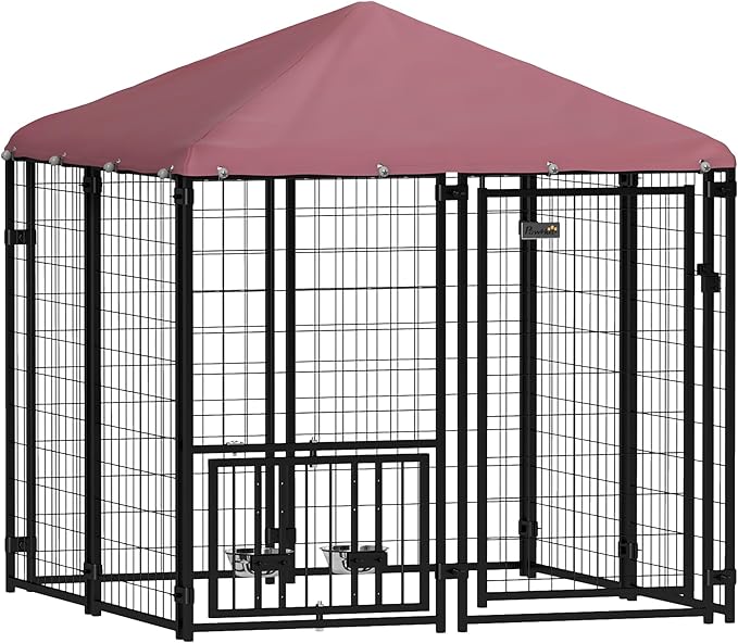 PawHut 4.6' x 4.6' x 5' Outdoor Dog Kennel, Welded Wire Heavy Duty Dog Run with 360° Rotating & 4 Level Adjustable Bowls, Dog Kennel Outside with Waterproof & UV Resistant Cover, for S&M Dogs